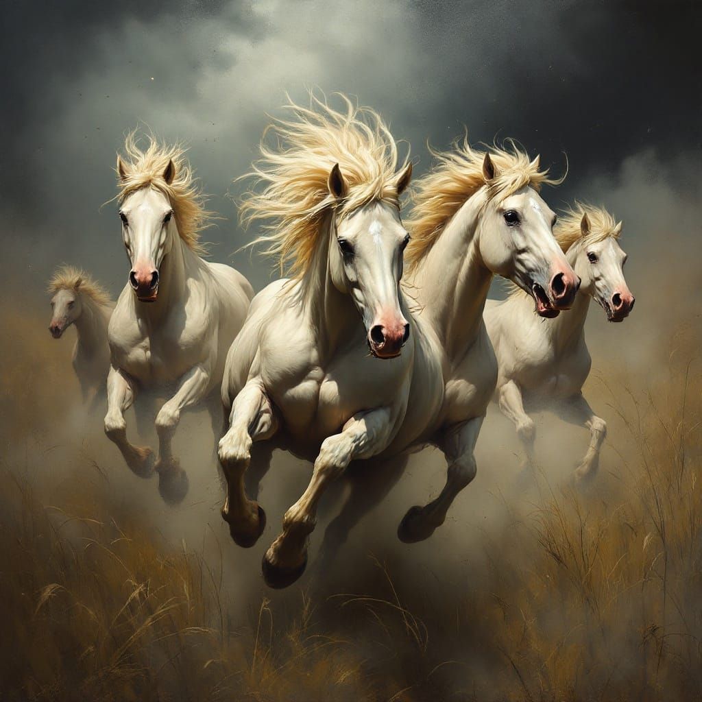 Dramatic Oil Painting of Wild Horses in a Stormy Meadow