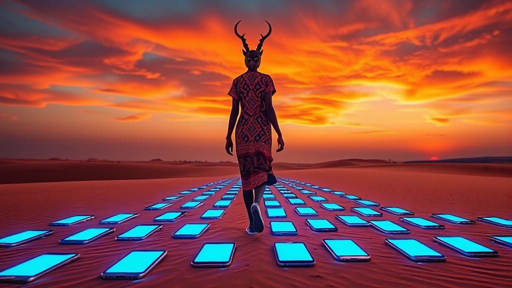 African Woman Walking on iPhones in Surreal Desert