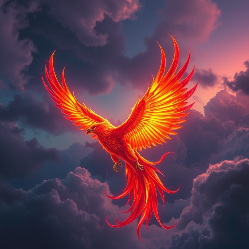 Fiery Phoenix Soaring Through Twilight Sky