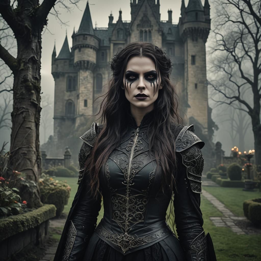A young female long haired vampire, vilain warrior dark hero...
