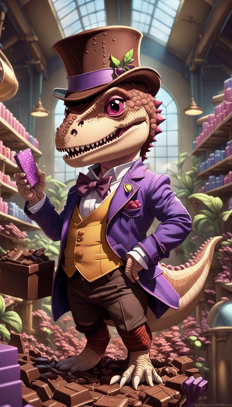 Chibi T-Rex as Wonka in Anime Style