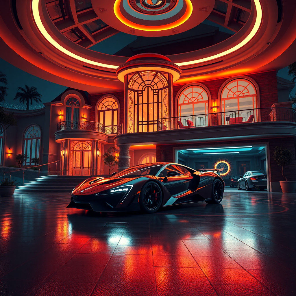 Luxury House with Car in Garage: Digital Art