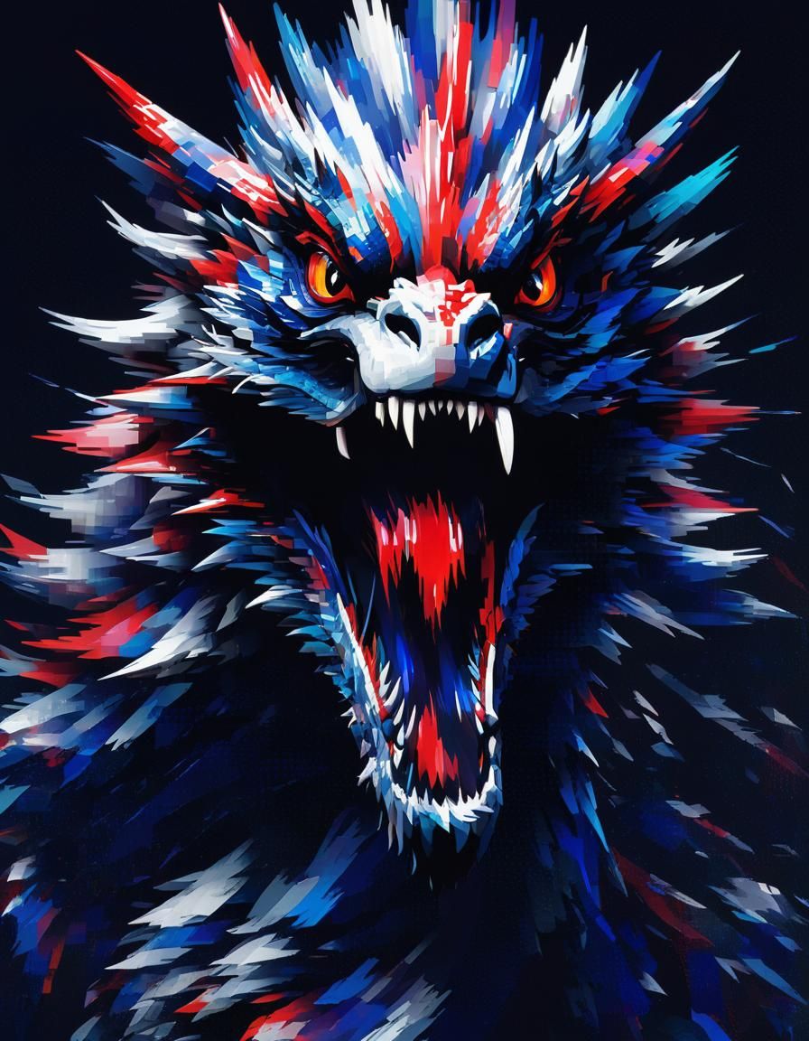 Glitch Art Dragon Roaring in Disordered Pixels
