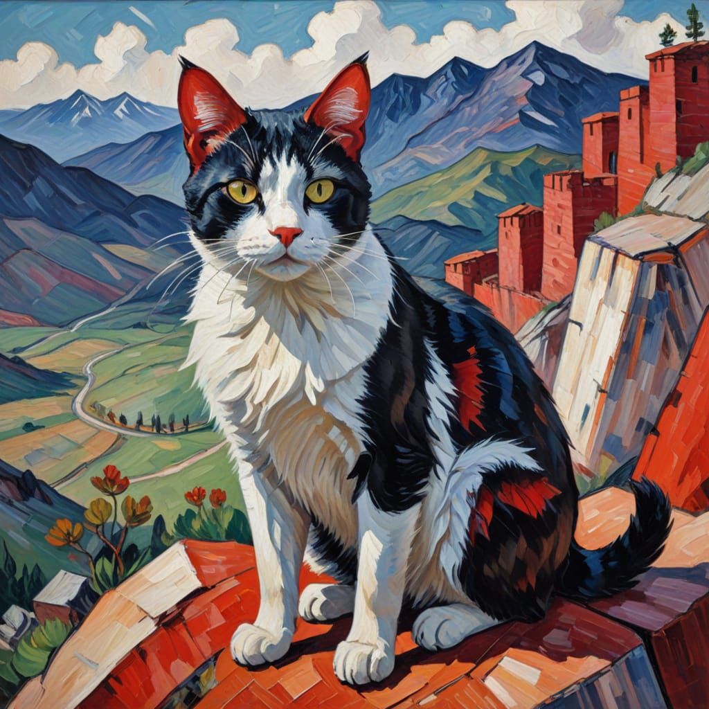 Dystopic Cat on Mountain in Expressionist Style