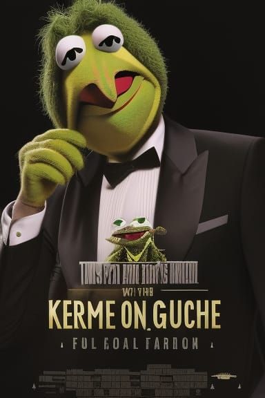 Kermit the frog as the god father, full-length shot, wide shot, centered