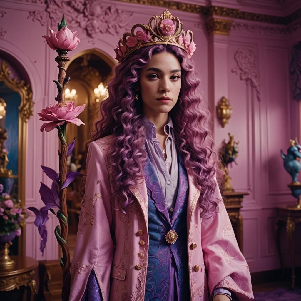 Pink Flower Staff in Royal Room: Cinematic Film Still