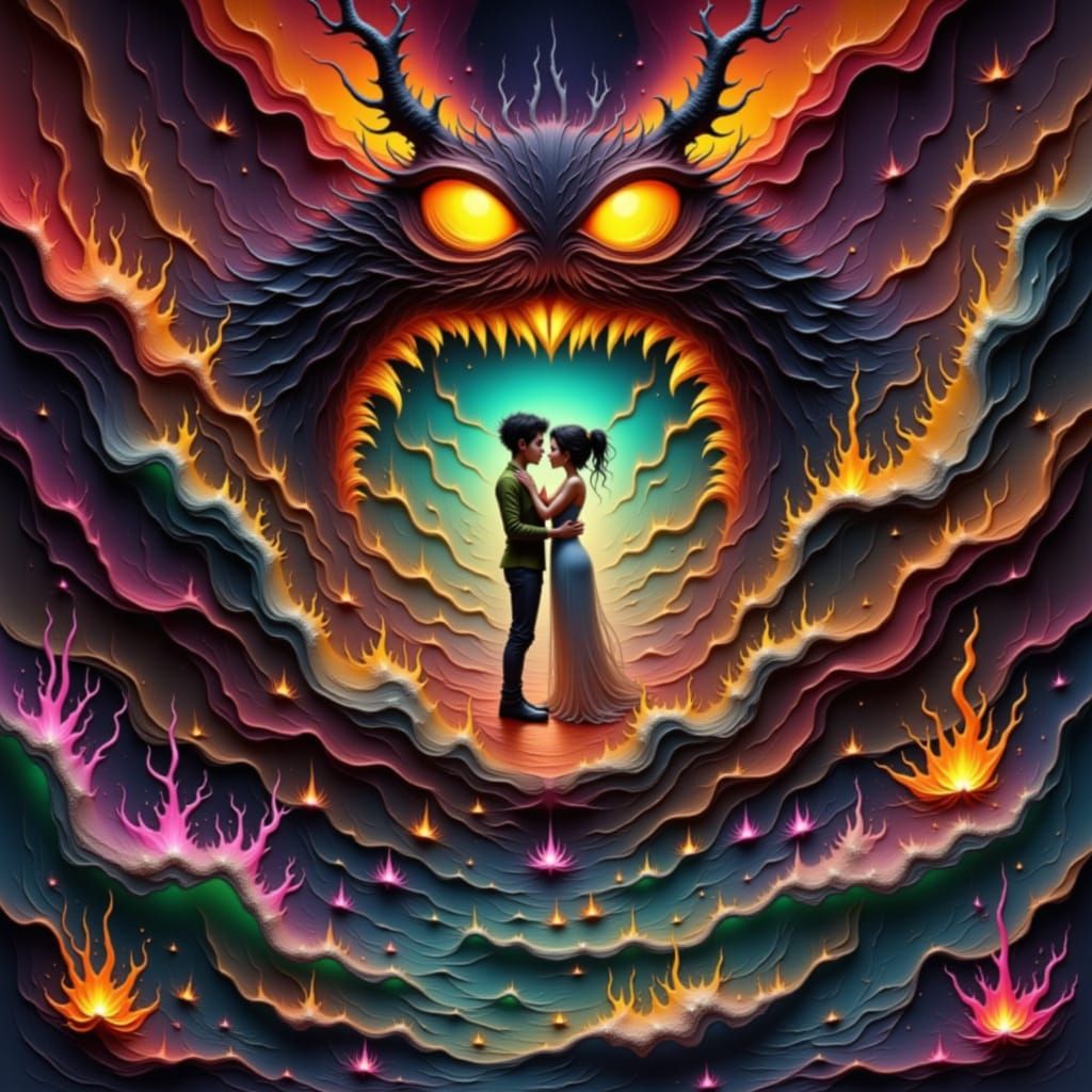 Couple Embracing Amidst Elemental Forces