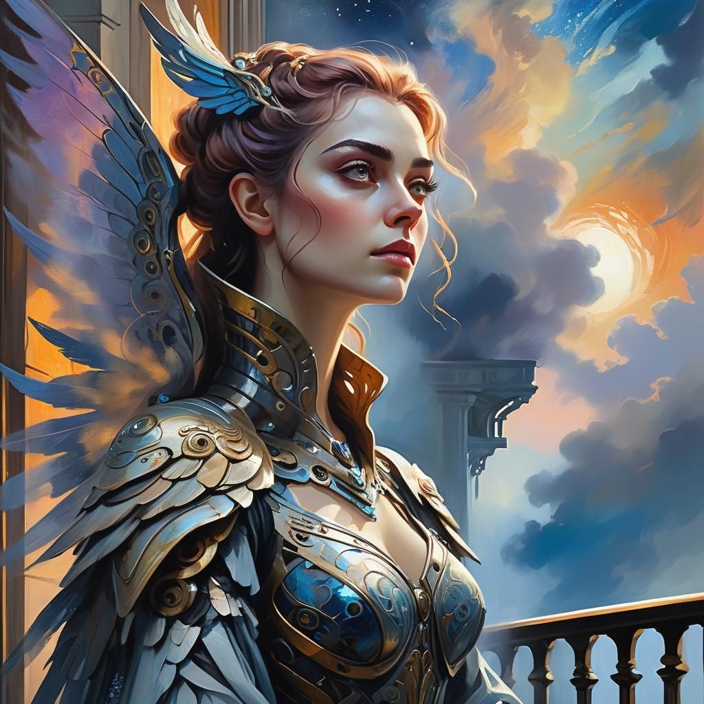 Elara: Expressionist Portrait Under Celestial Twilight Sky