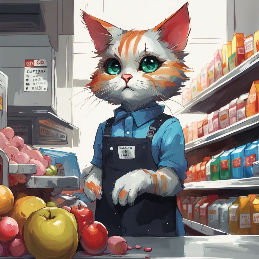 Anthro Cat Cashier in Polychromatic Digital Art