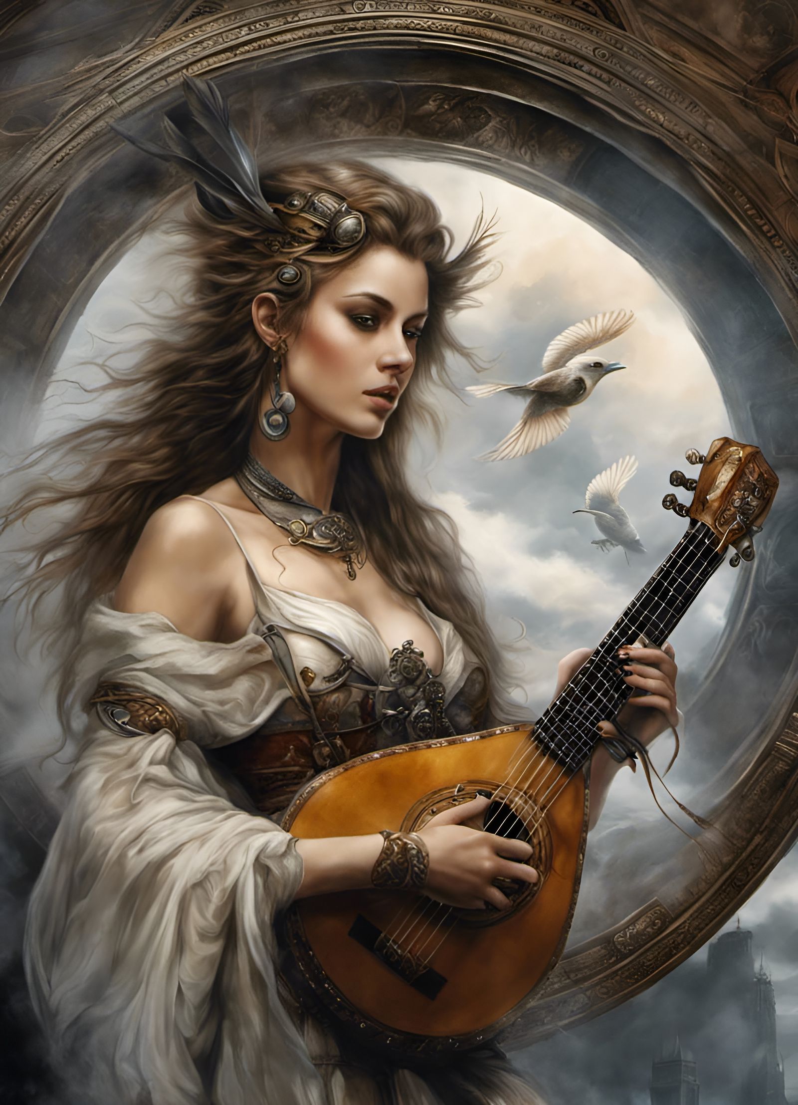 Dreamy Bard in Cloud City, Detailed Matte Painting