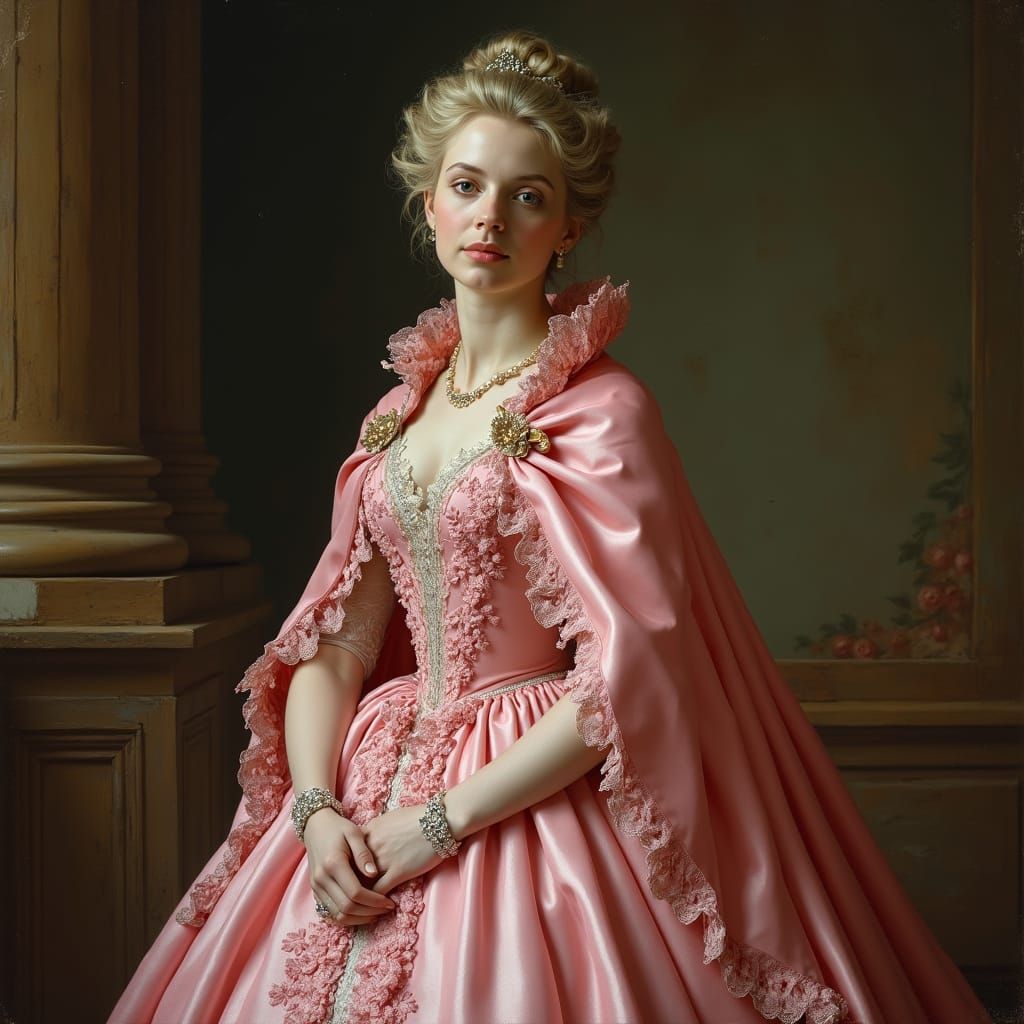 18th centaury pink Rococo Ball Gown with pink cloak and hood