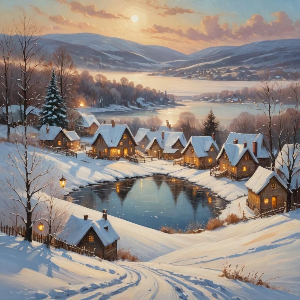 Idyllic Winter Village in Golden Light