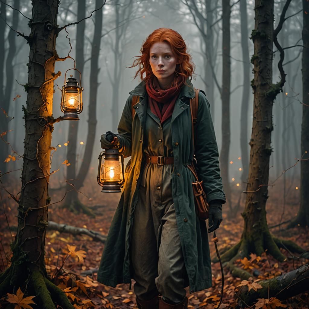 Red-Haired Woman with Lantern in Autumn Forest