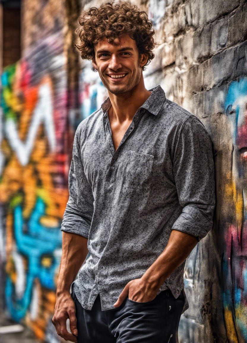 Mischievous British Man in Urban Alleyway, Photorealistic Po...