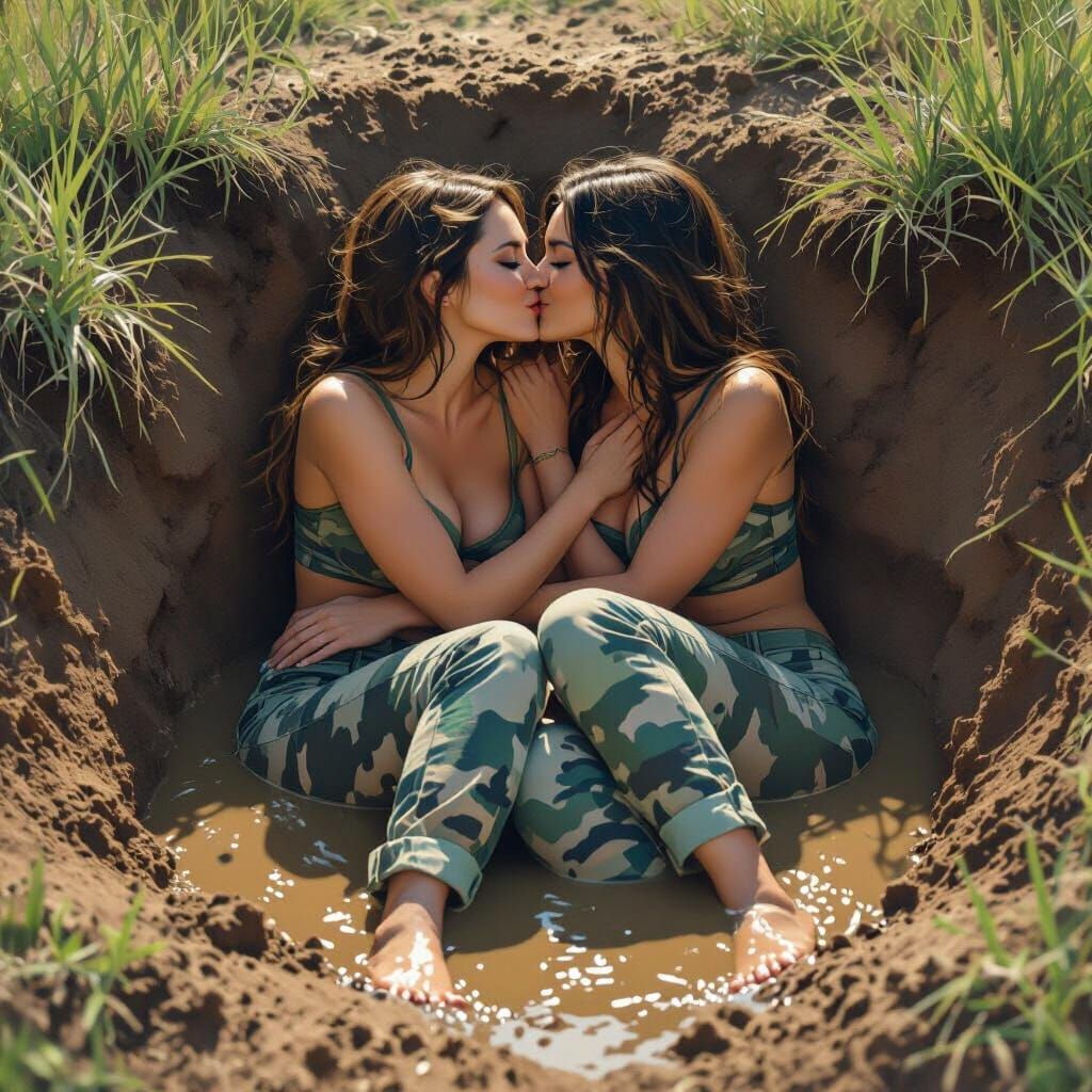 Women Kissing in Mud, Bare Feet, Soft Lighting