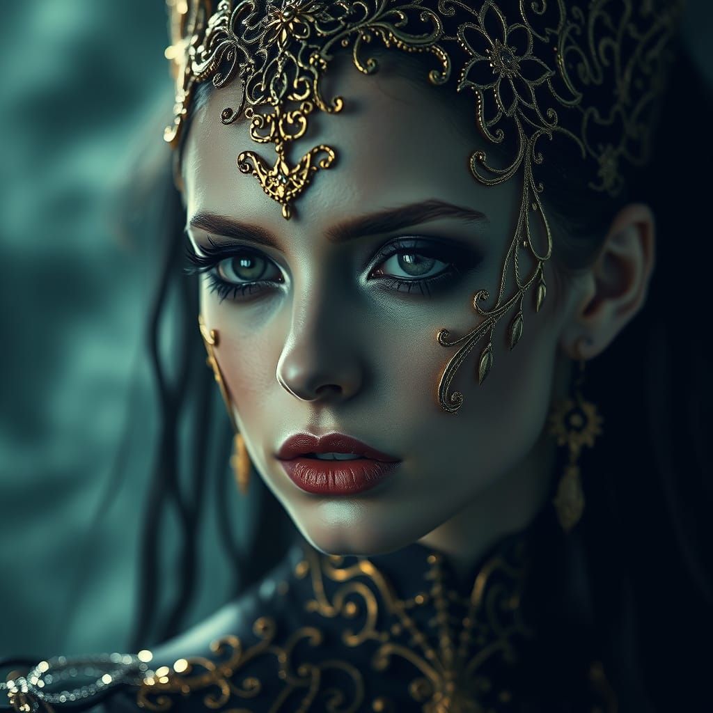 Golden Filigree Woman in Toxic Darkness, Atmospheric Photogr...