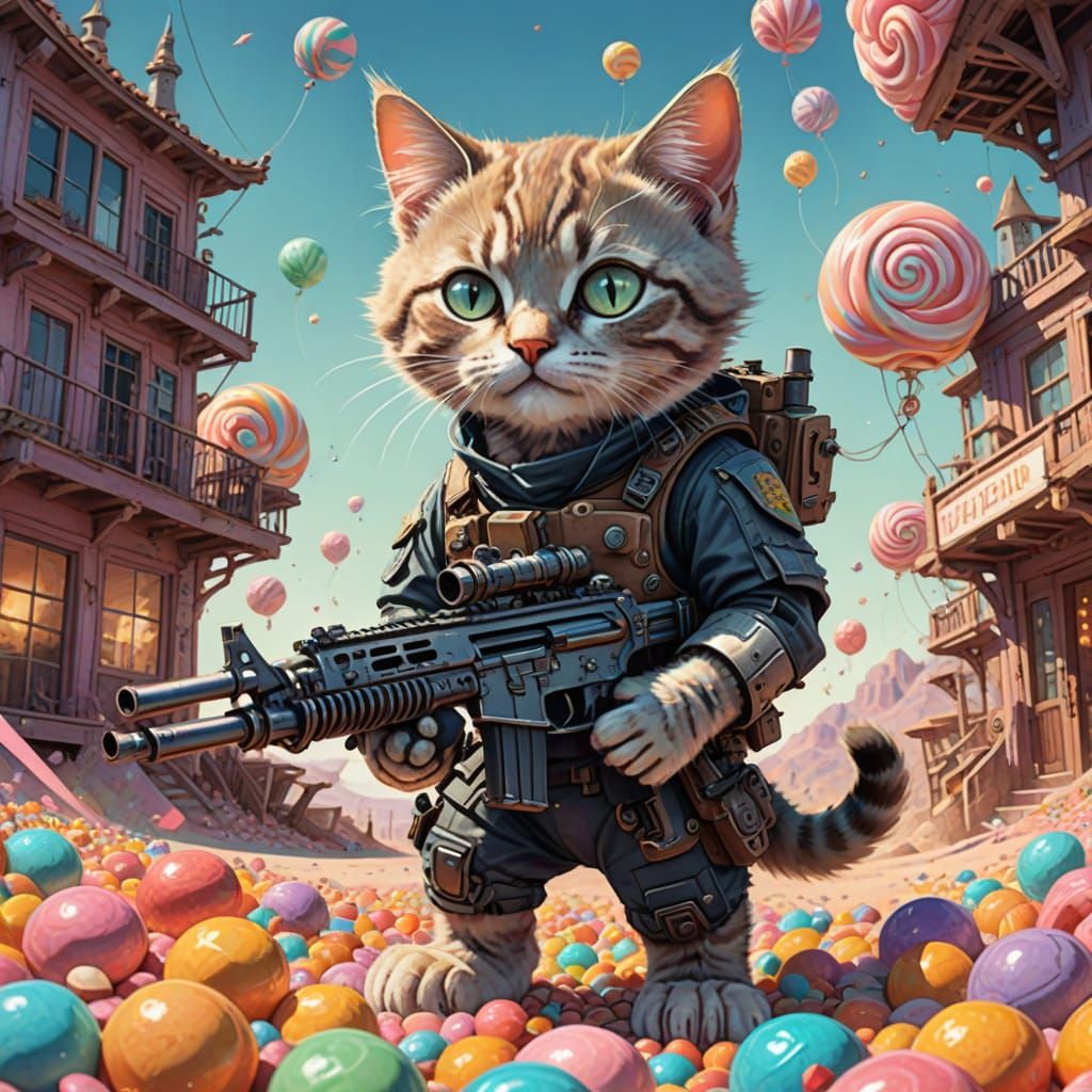Kitten with Machine Gun in Pastel Dreamscape