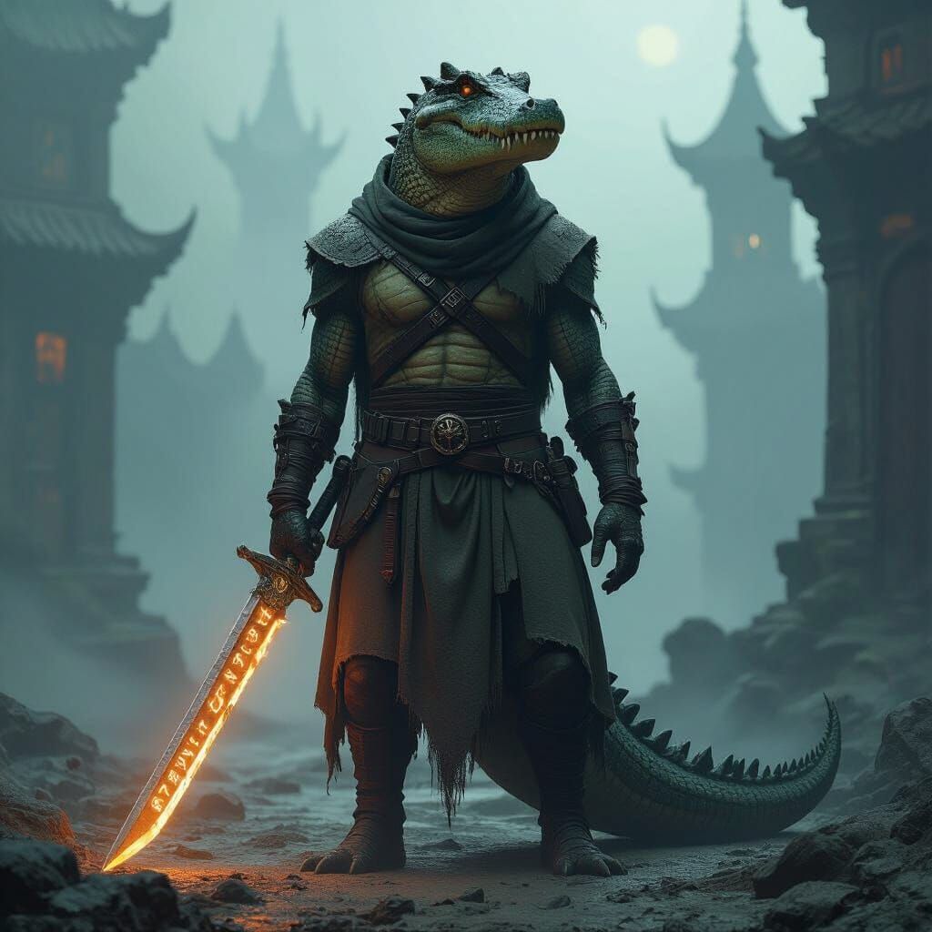 Humanoid Crocodile Warrior in Dark Fantasy World