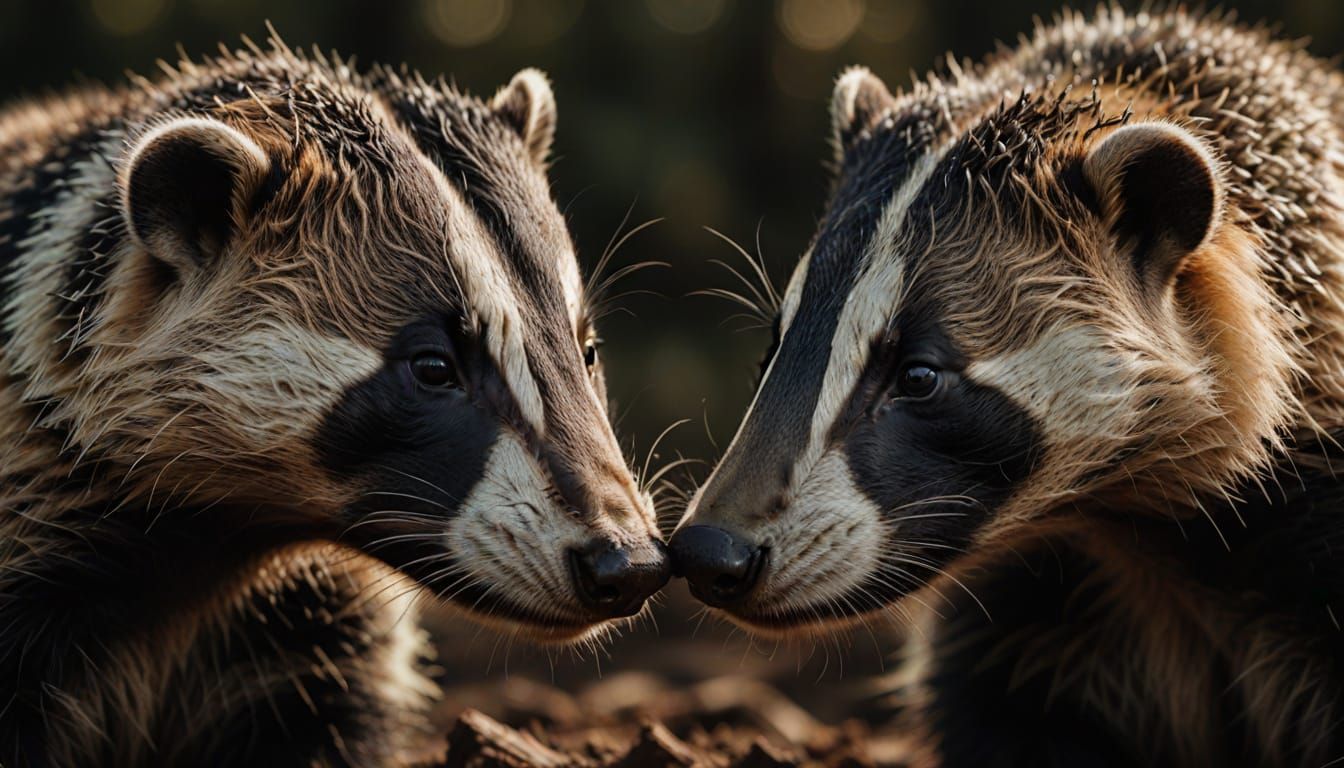 Intimate Wildlife Portraits of Two Badgers in Golden Light
