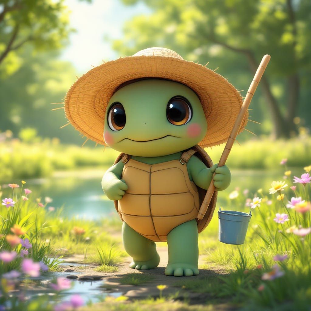 Anime Style Tortoise Fisherman in Sunny Meadow