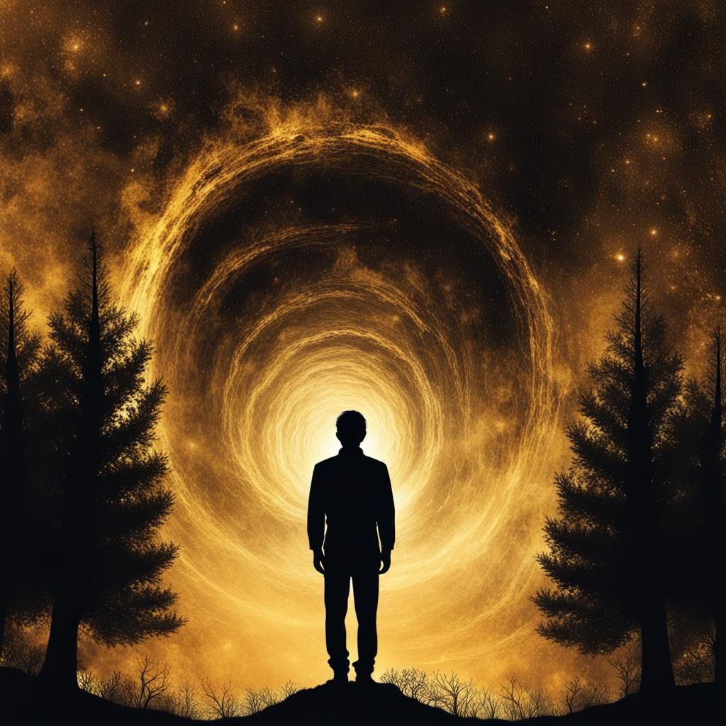 Man Silhouetted Before Black Hole in Space