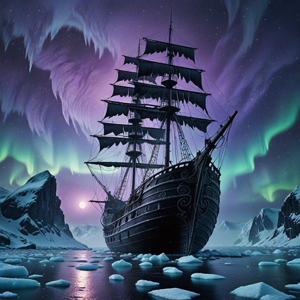 Frozen Ghost Ship in Arctic: Dark Fantasy Art
