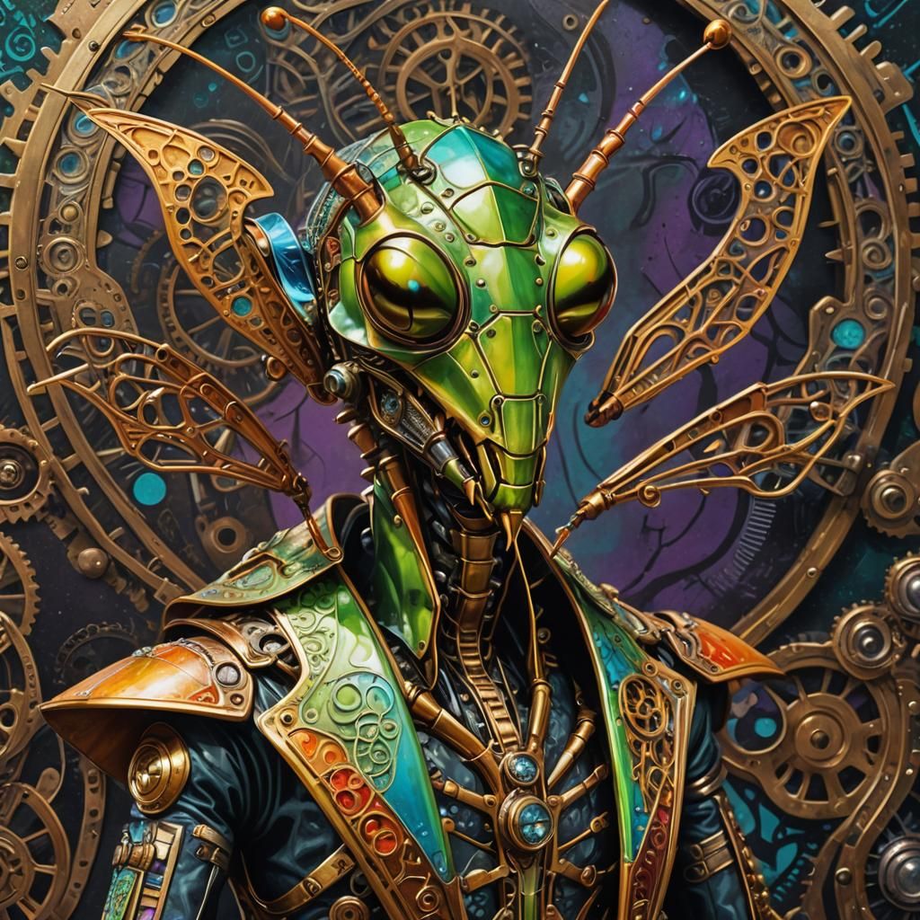 Steampunk Mantis Portrait with Neon Highlights