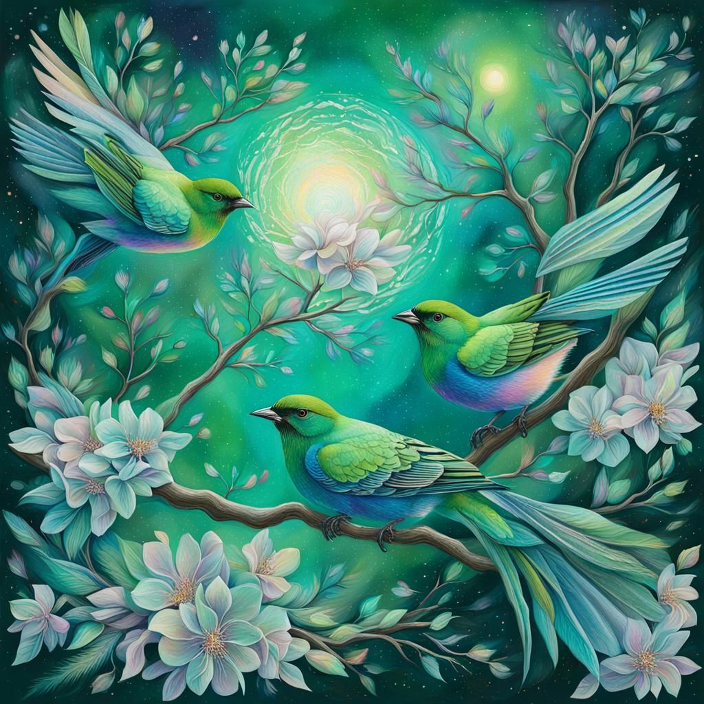 Astral Green Birds Perched in a Vibrant Flowering Tree