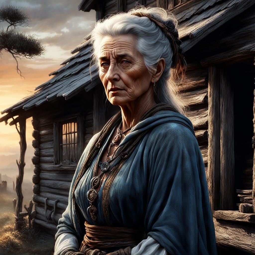 old woman by an old cabin