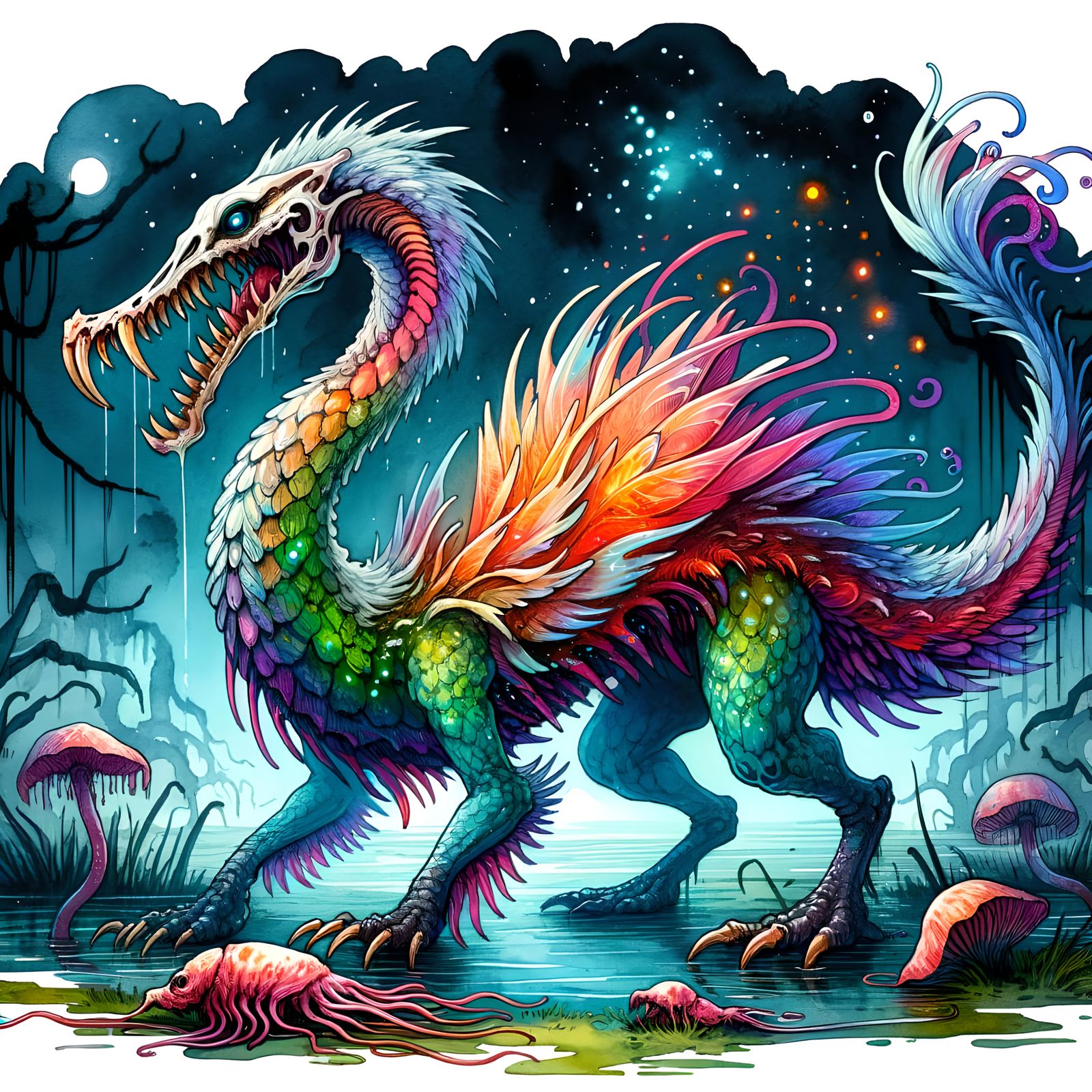 Eldritch Horror: Crocodile-Swan-Squid Hybrid in Watercolor