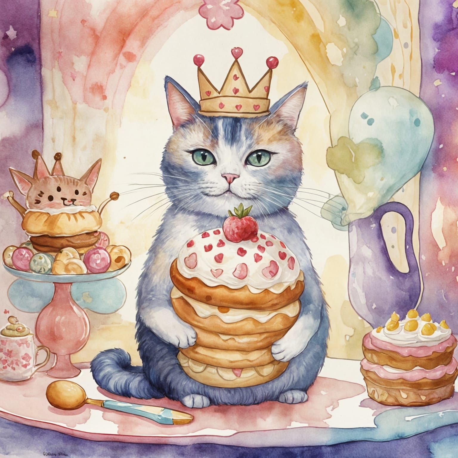 Whimsical Watercolor Cat in a Vintage Bakery