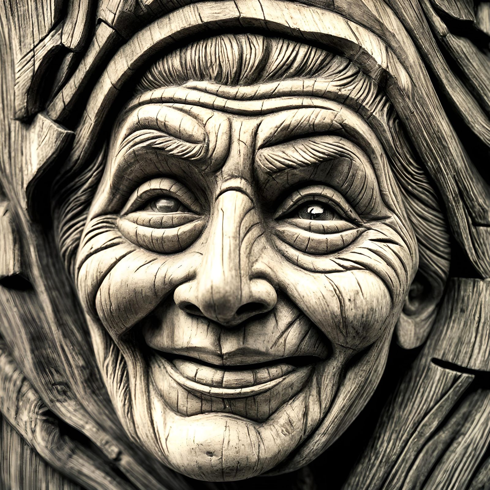 Detailed Wooden Sculpture of an Old Woman's Head