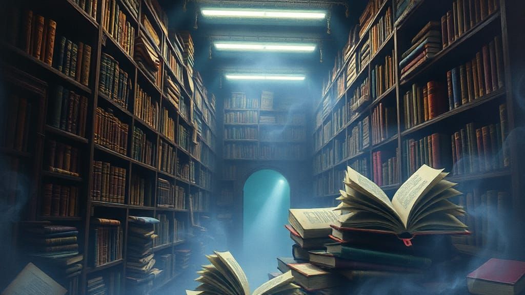 Mystical Bookshop with Ancient Tomes in Heavy Metal Style