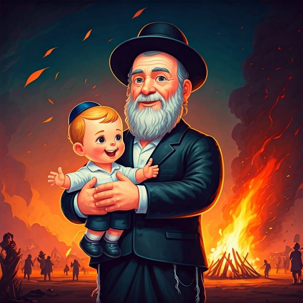 Joyful Hasidic Figure Holds Happy Haredi Boy Amidst Vibrant ...