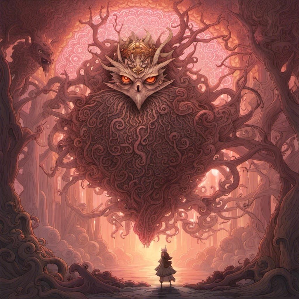 Owl God with Fractal Crown in Suminagashi Style