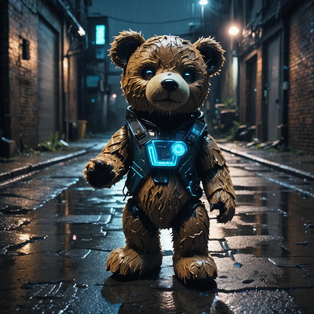 Cyberpunk Teddy Bear Hero in Abandoned City