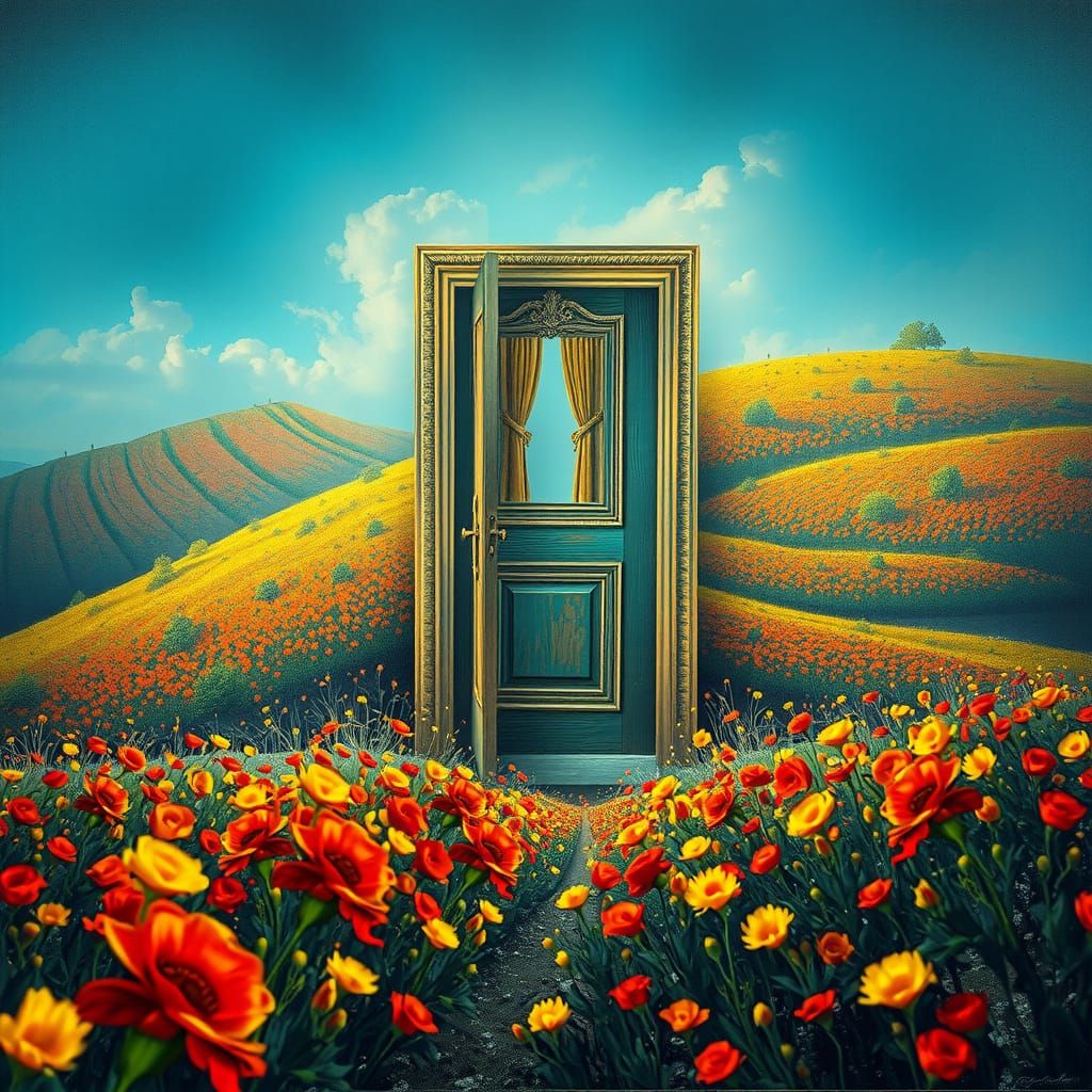 Surreal Door Ajar in Flower Field, Hyperrealistic Art