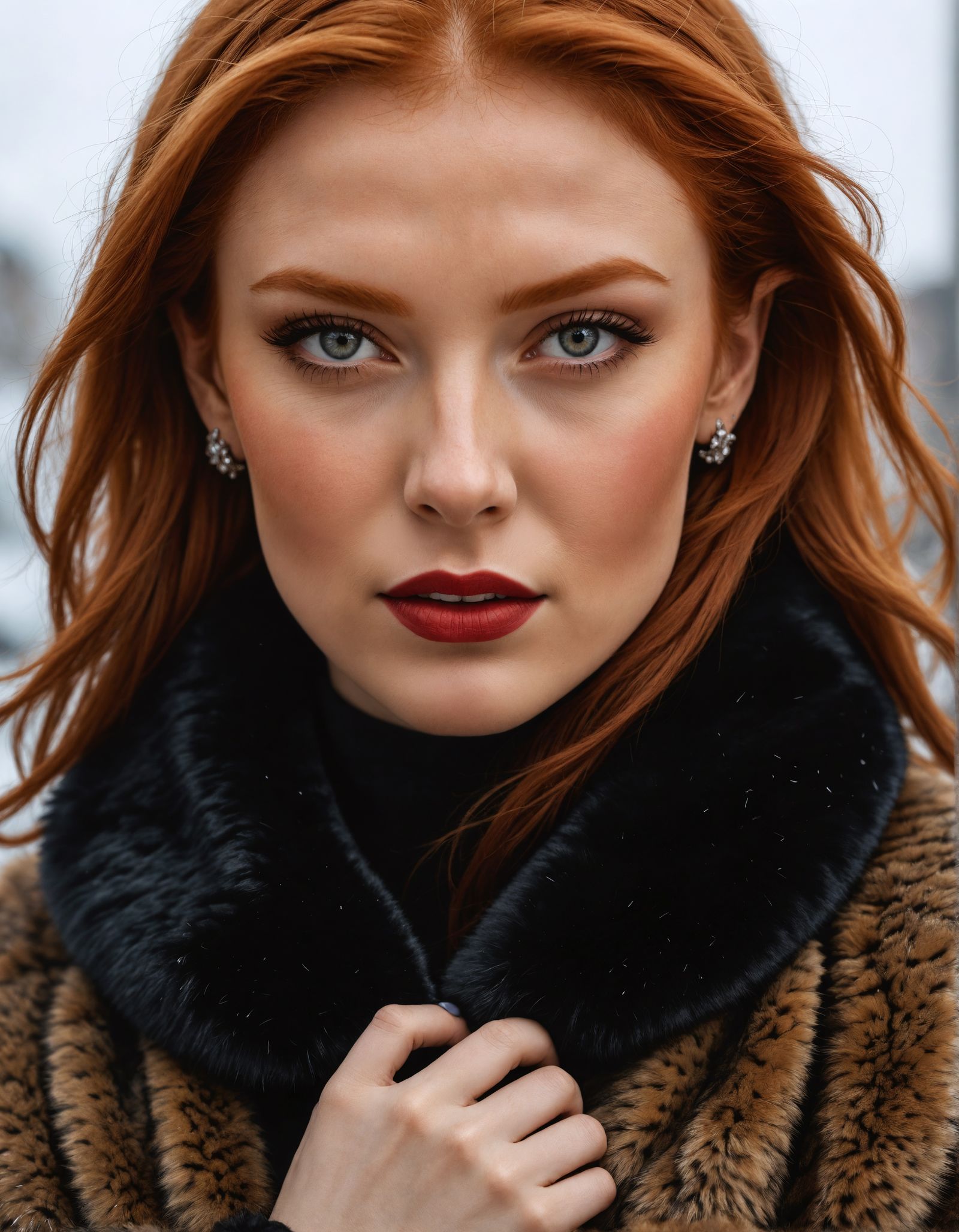 Hyperrealistic Portrait of Red-Headed Woman in Fur