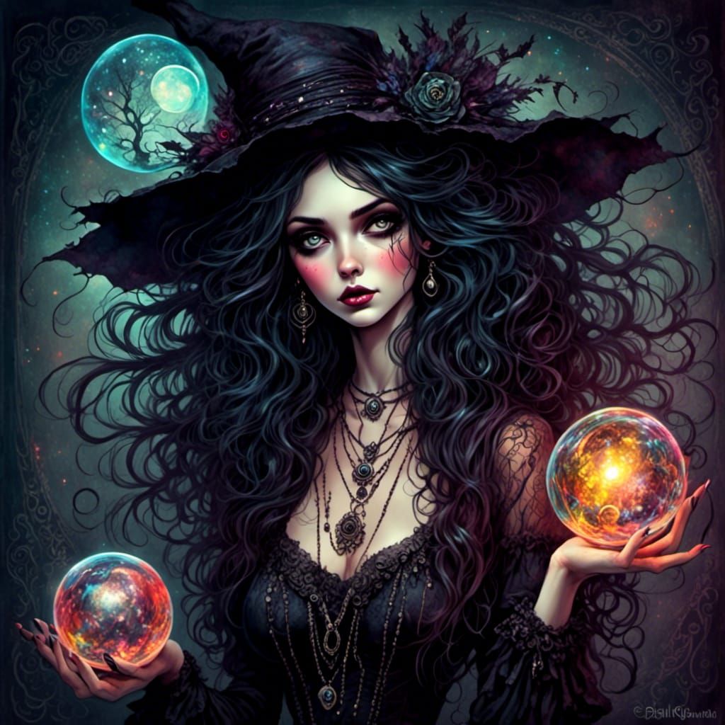 Beautiful Witchling in Magical Shop Color Painting