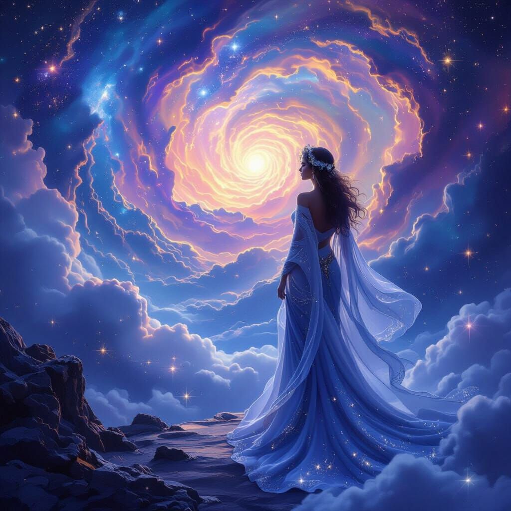 Celestial Goddess Gazes Into Cosmic Nebula