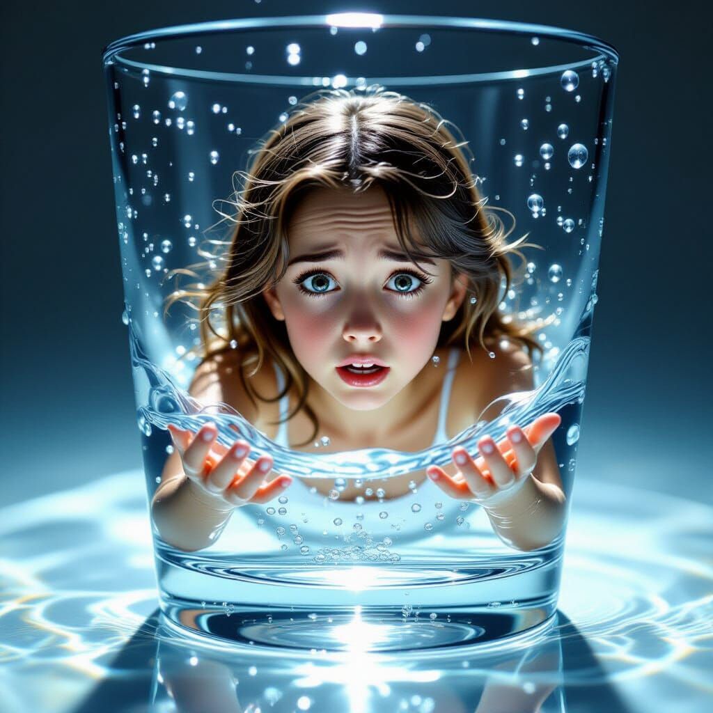 Tiny Girl Escapes Glass of Water in Realistic Scene