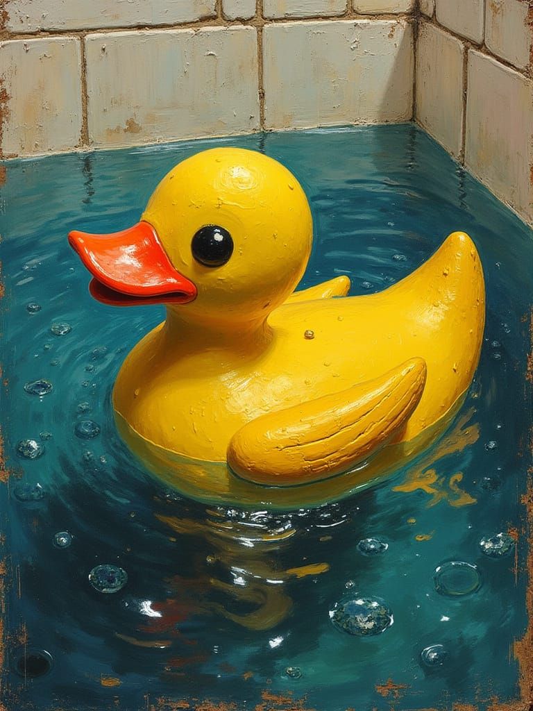 Yellow Rubber Duck in Bathtub as Impasto Painting