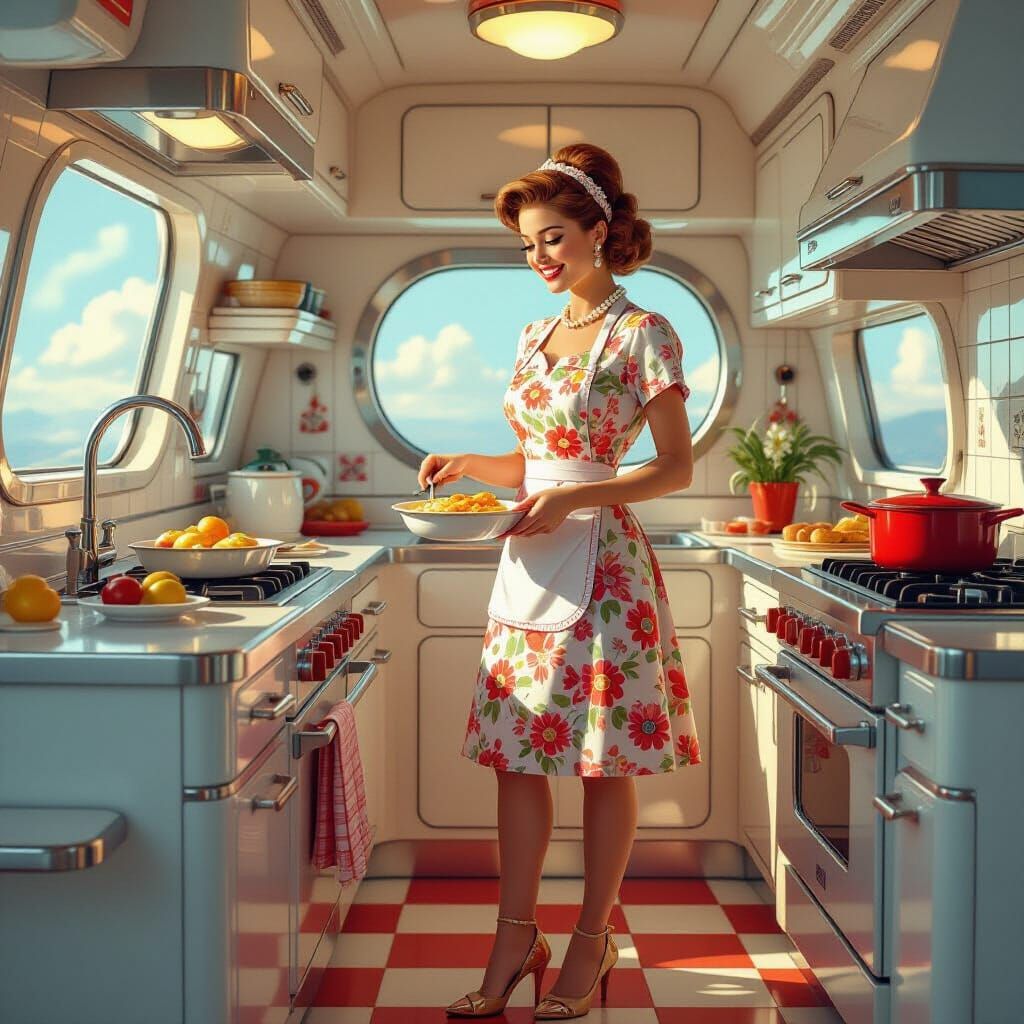 Retrofuturistic 1950s Housewife Cooking Dinner in Space