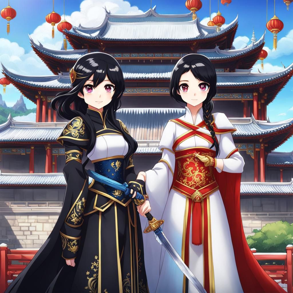 Snow White & Elsa in Chinese Armor, Anime Style