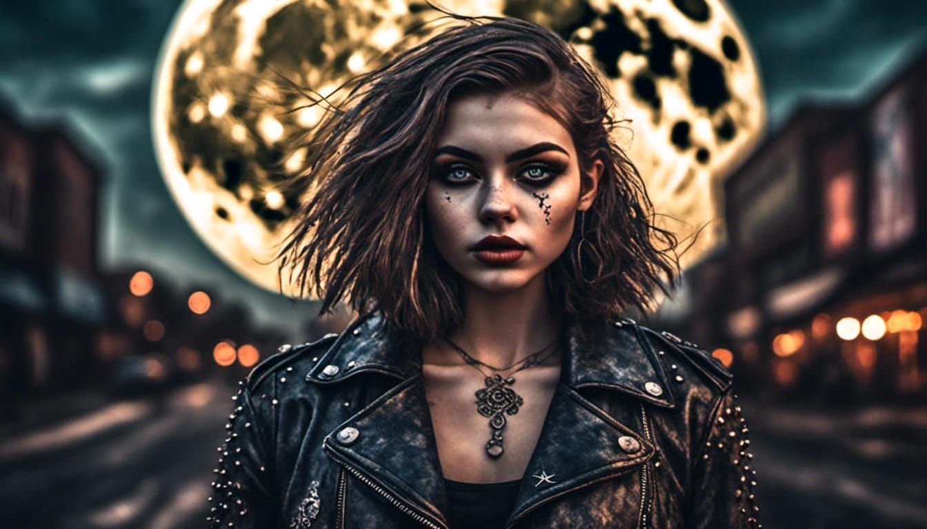 Gothic Girl and Moon Portrait in Grungy Style