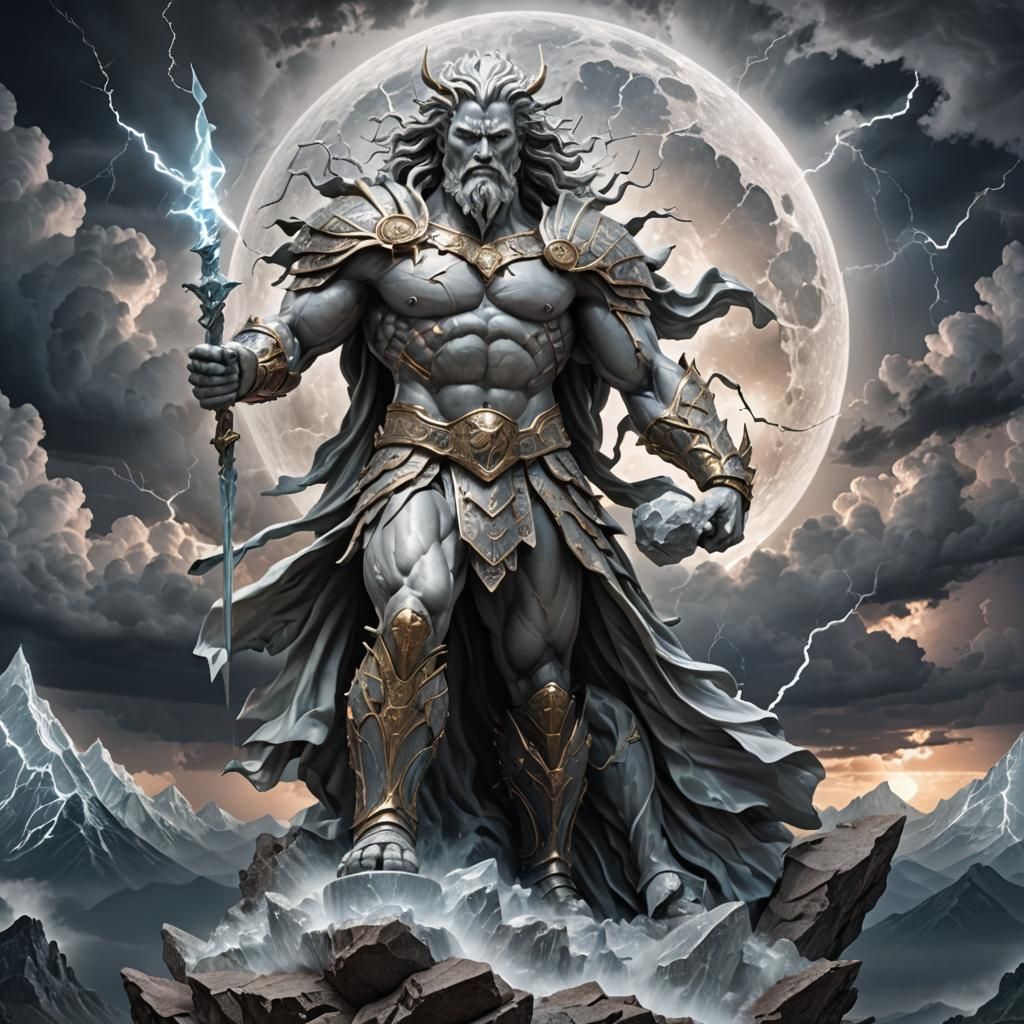 Crystalline Warrior Statue Under Thunderous Moon