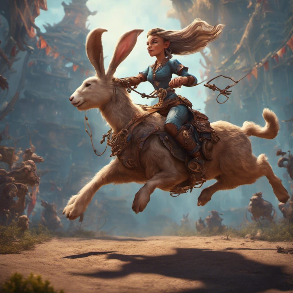 Cartoon Rabbit Woman Rides Goat Rodeo Style