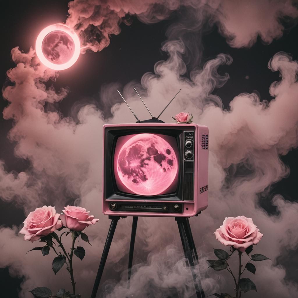 Vintage Pink TV Displaying Solar Eclipse