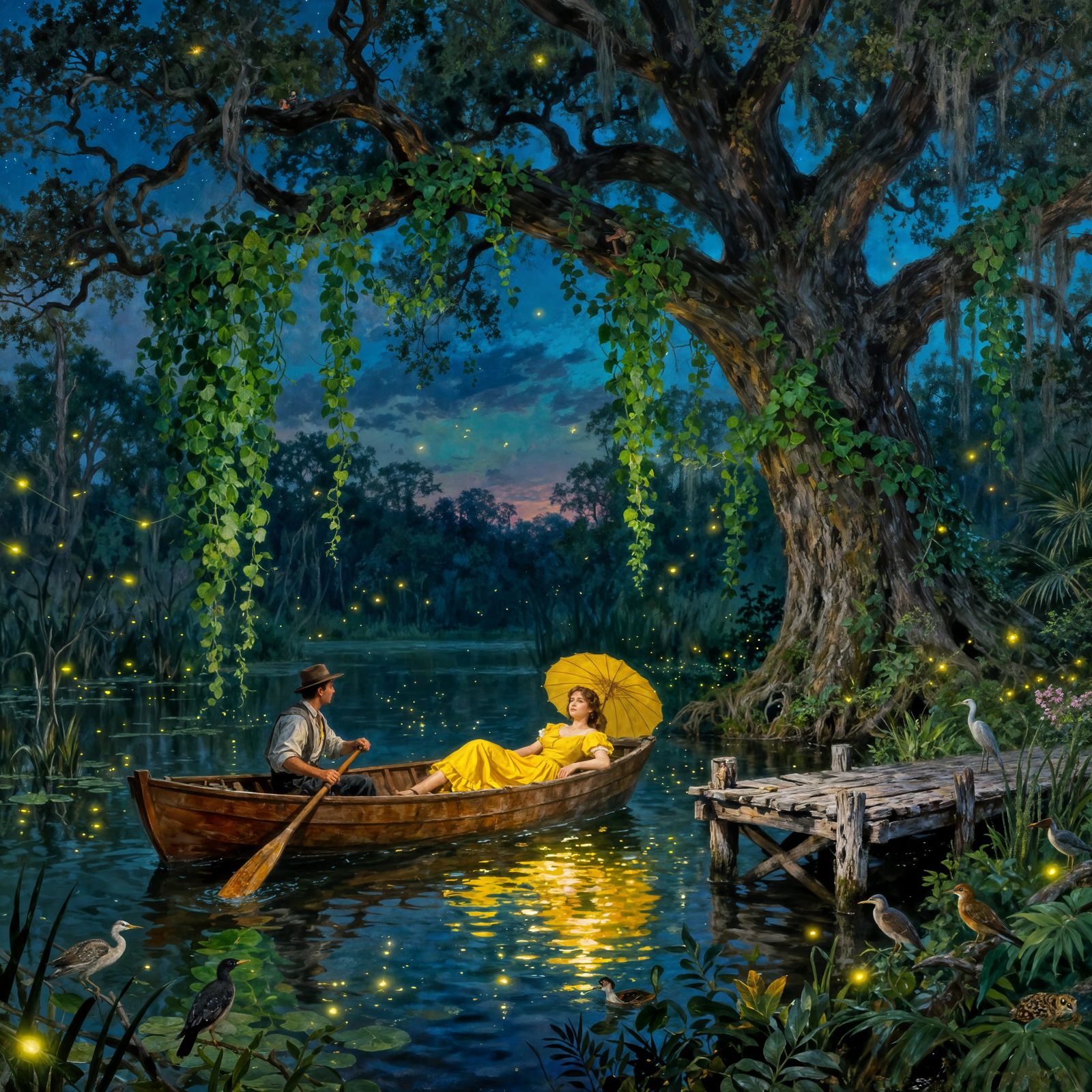 Oil Painting of Bayou Scene with Rowing Couple