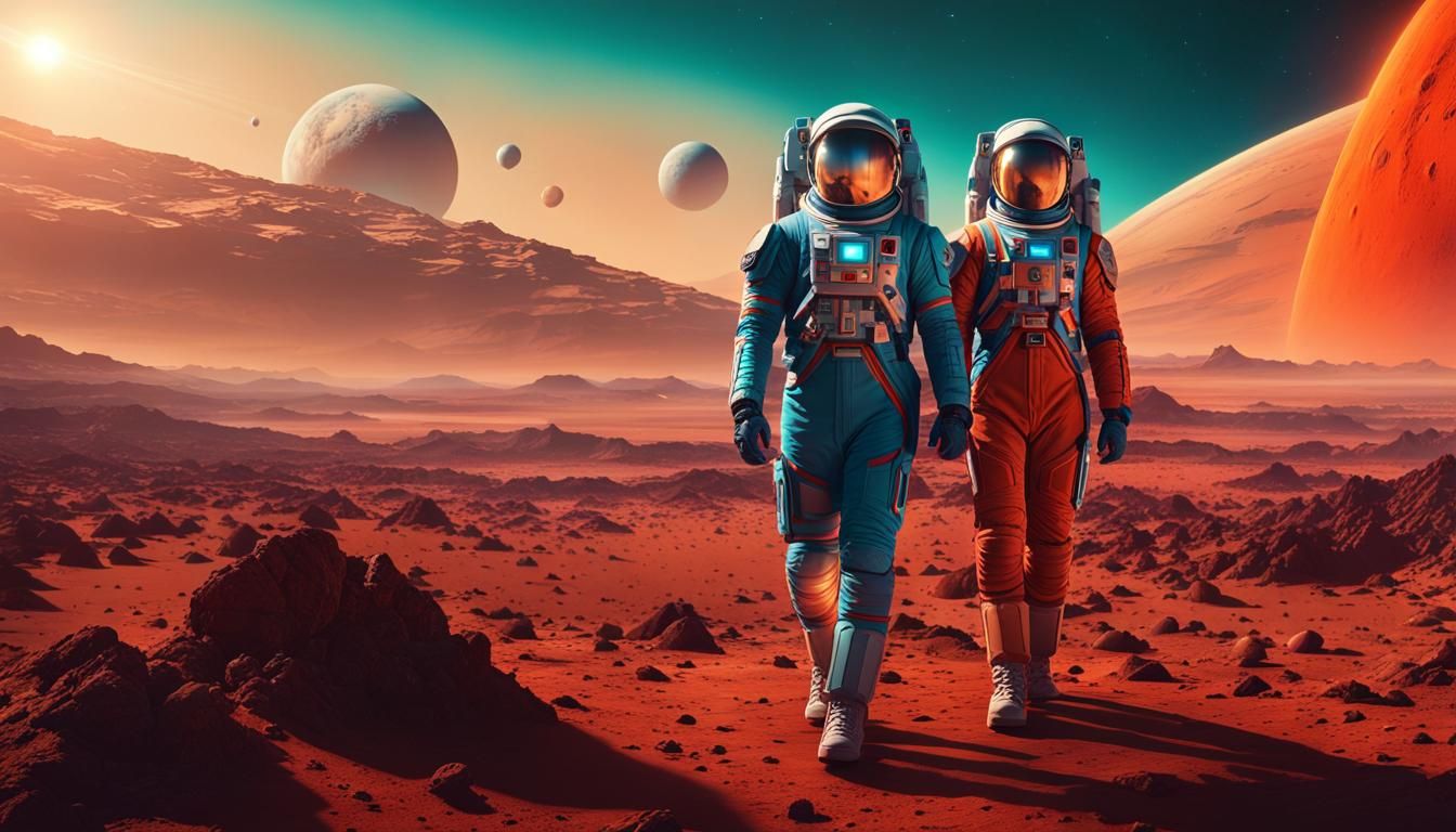 Astronauts on Mars Launching Spaceship: Photorealistic Art